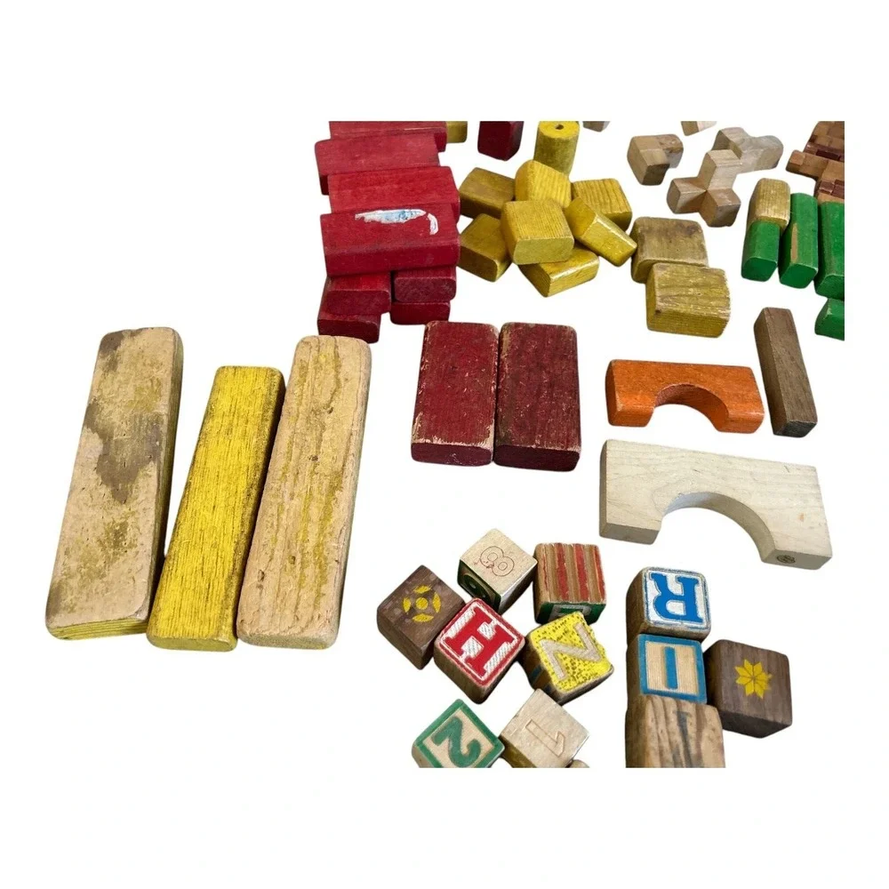 Vintage Wooden Building Blocks Lot Lincoln Logs Alphabet Blocks‎ Mixed Set 80+pc